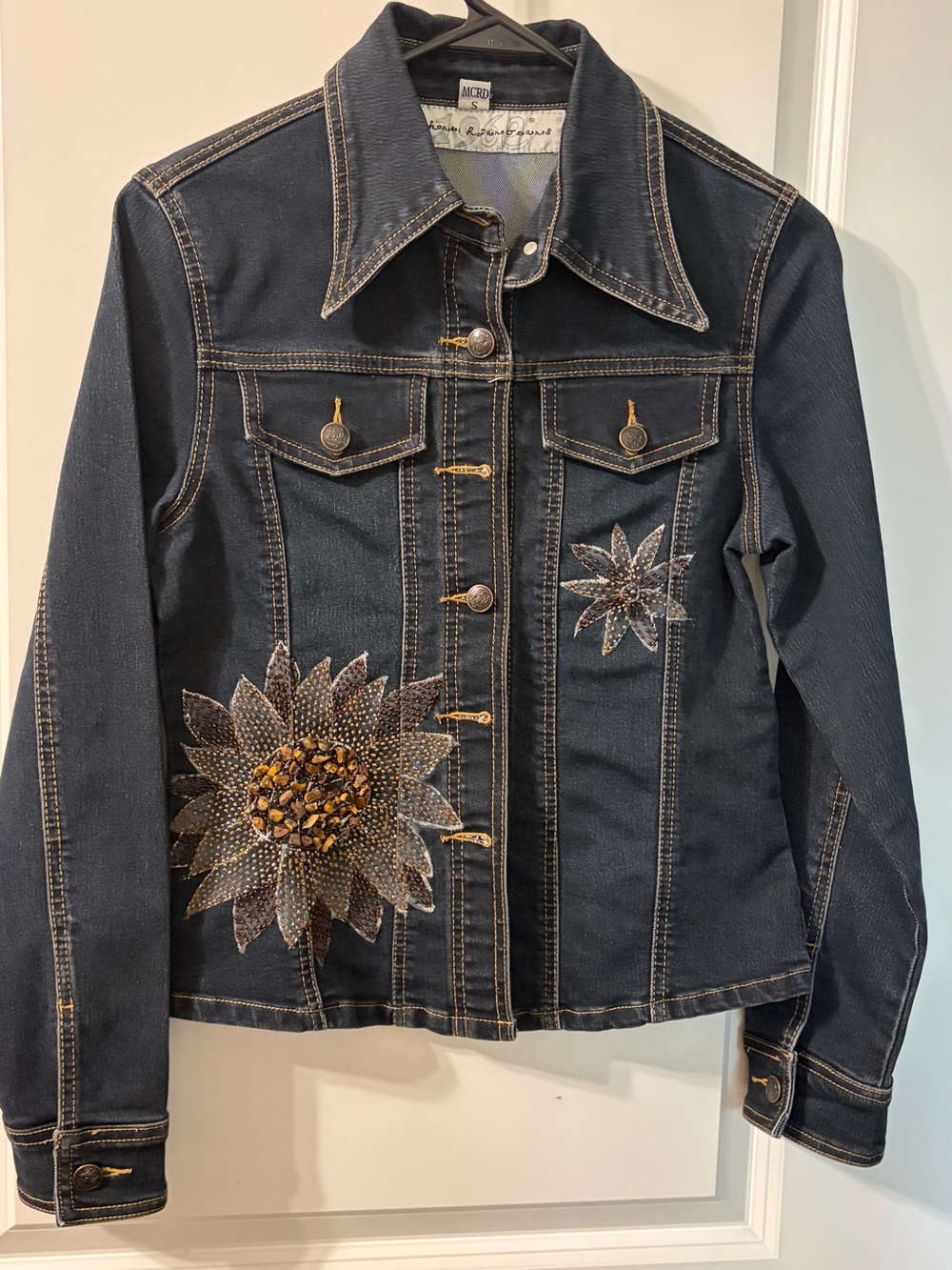 Dark Blue Embellished Jean Jacket with Floral Appliqués